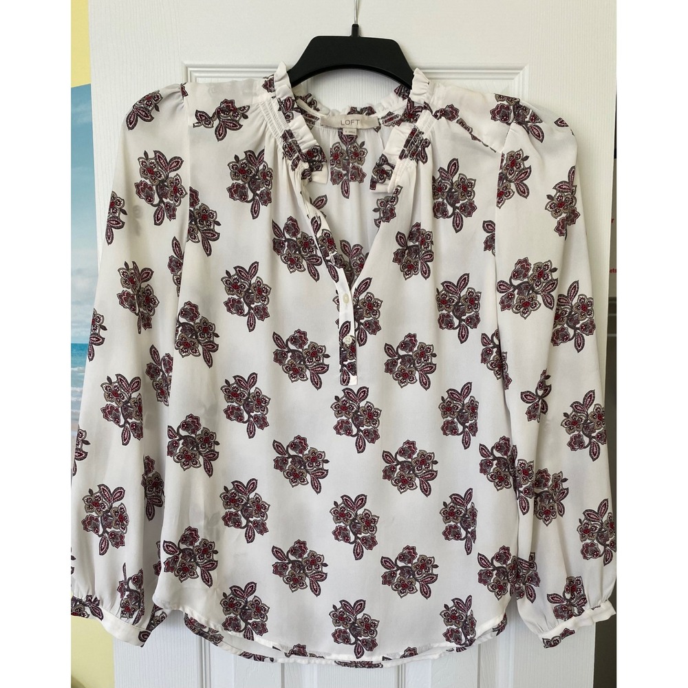 LOFT Womens Blouse L White Burgundy Medallion Floral Ruffle Split Neck BohoChic